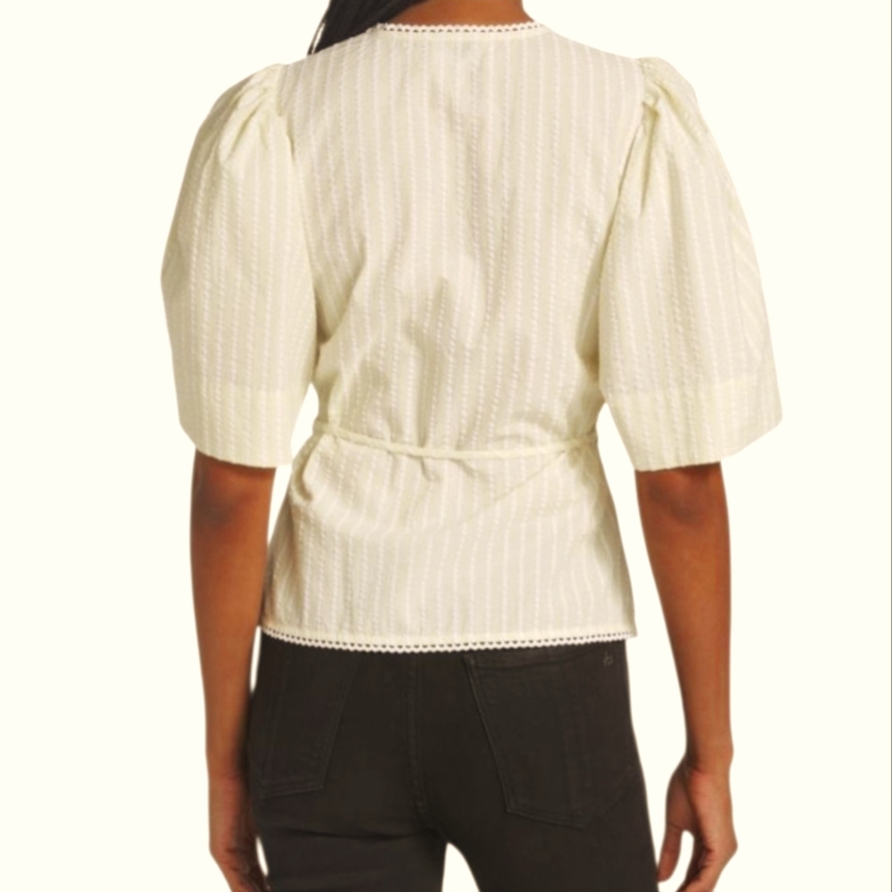 Ganni Seersucker Striped Wrap Blouse Short Sleeve Cotton Yellow & White 40 8/10 - Picture 2 of 16